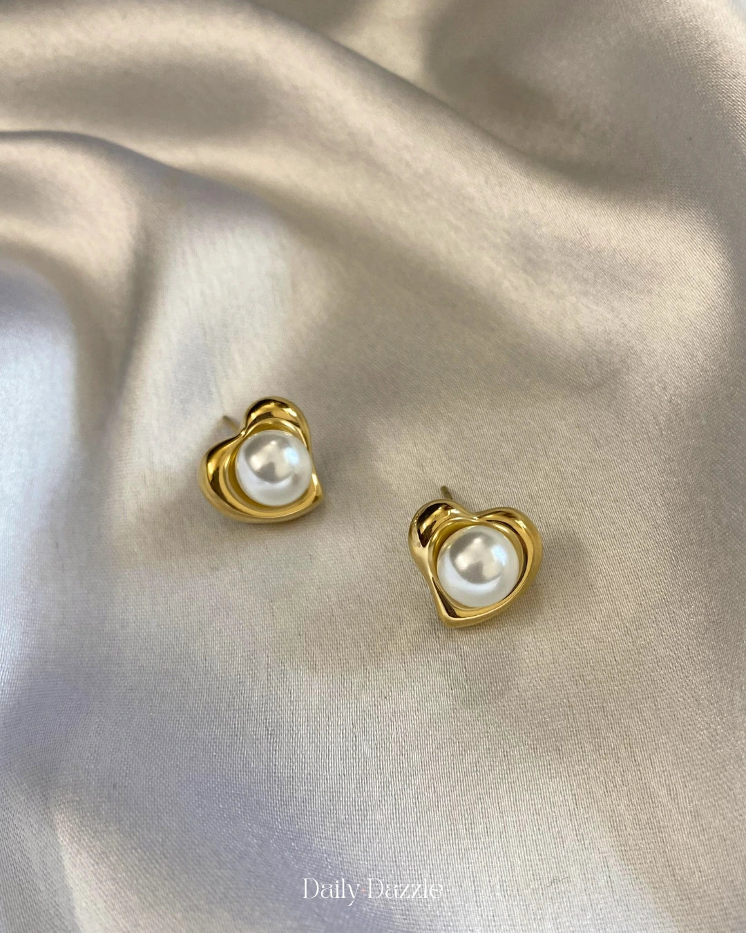 Golden Heart Pearl Studs