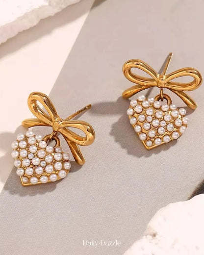 Pearl Heart Bow Earrings